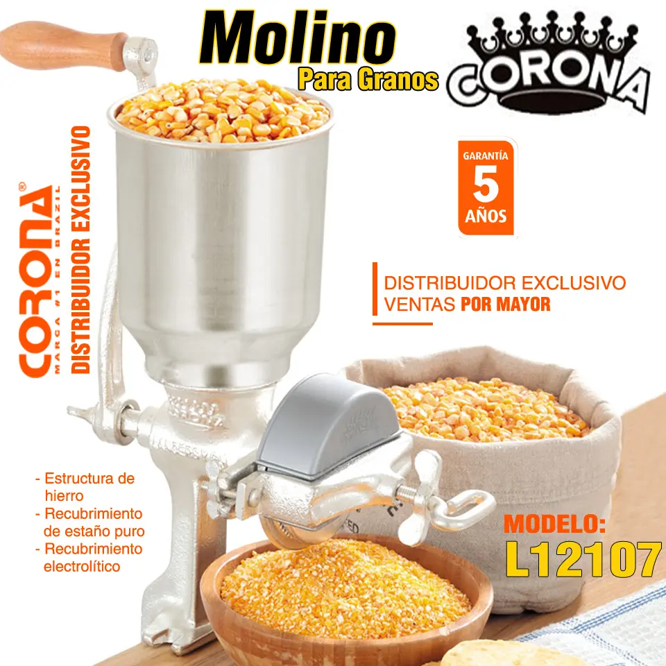 MOLINO TRADICIONAL PARA GRANOS, TOLVA ALTA MARCA: CORONA MOD: L12107 (6PC/1CTN)